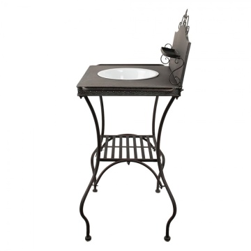 Masă consolă vintage din metal, maro, cu lighean alb, raft, bare laterale și creastă cu floare de crin, 114 x 72 x 48 cm, „Lavandiere” - Img 3