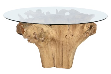 Masă dining rotundă din rădăcină de teak cu blat din sticlă securizată, 160×160×76 cm, „Raiz" - Img 3