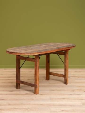 Masă pliabilă ovală din lemn reciclat și metal, cu blat patinat și picioare pliabile, natur, finisaj vintage, 165×77.5×71 cm, „Marolles" - Img 4