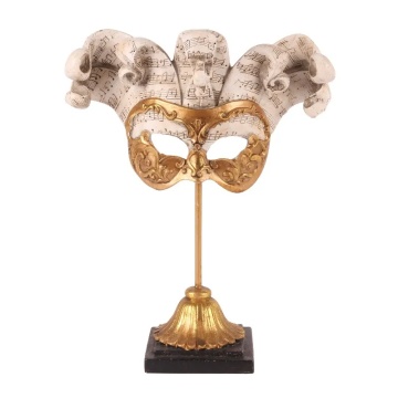 Mască decorativă din polirășină, auriu, pe suport, 28 x 23 x 10 cm, „Carnaval”