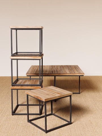 Măsuță de cafea cu scaune, pătrată, din lemn de tec, natur, set cu 4 taburete și cadru din metal negru, 40 x 90 x 90 cm, „Pocket” - Img 5