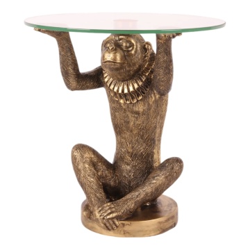 Măsuță decorativă sculptată rotundă, auriu, cu bază în formă de maimuță și blat din sticlă, finisaj antichizat, 26,5 x 25 cm, „Singerie”