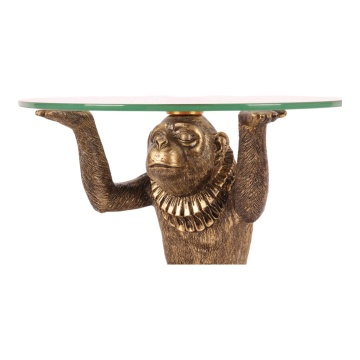 Măsuță decorativă sculptată rotundă, auriu, cu bază în formă de maimuță și blat din sticlă, finisaj antichizat, 26,5 x 25 cm, „Singerie” - Img 3