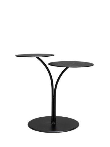 Măsuță laterală din metal, negru, cu două blaturi rotunde pe tije curbate și bază rotundă, 55 x 60 x 40 cm, „Flowy”