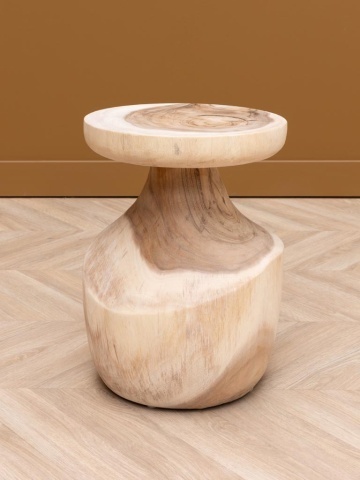 Măsuță laterală sculptată din lemn masiv, natur, cu blat rotund și bază bombată, 45 x 35 cm, „Tamps”