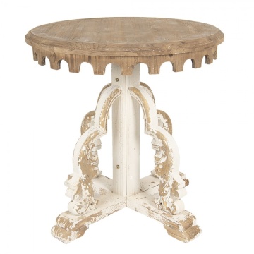 Măsuță laterală sculptată, rotundă, din lemn, natur și alb, cu bordură în arcade și console cu volute, finisaj antichizat, 81 x 80 cm, „Éléonore”