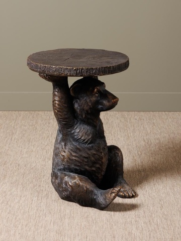 Măsuță laterală sculptată rotundă, maro, cu bază în formă de urs și blat cu aspect de trunchi tăiat, finisaj patinat, 54 x 37 cm, „Grizzly” - Img 4