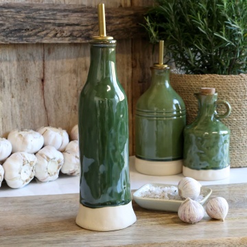 Olivieră din ceramică antichizată verde, pentru oțet cu dozator metalic auriu, 27,5×7,5 cm, „Mireille" - Img 2