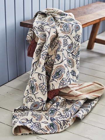Pătură din bumbac reciclat, natur, cu model botanic în stil vintage, cu ciucuri maro, „Paisley", 160 x 130 cm - Img 3