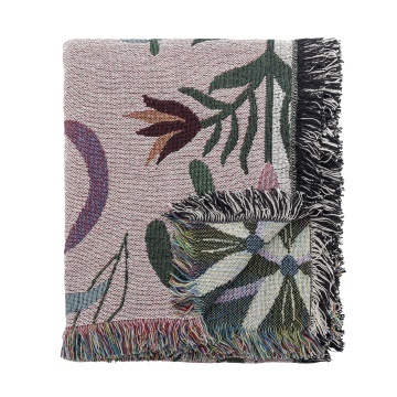 Pătură din bumbac reciclat, roz, cu model botanic și franjuri multicolore, „Yash", 160 x 130 cm