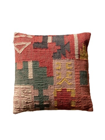 Pernă decorativă din lână și bumbac, multicolor, țesătură kilim în nuanțe de cărămiziu, verde și galben, finisaj artizanal, 50 x 50 cm, „Tikana”