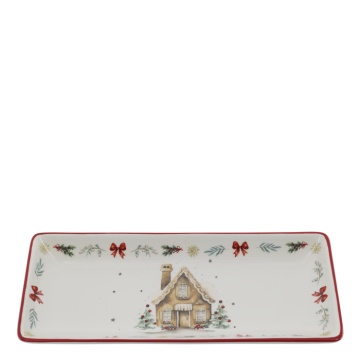 Platou de servire din ceramică albă cu motive de Crăciun, 3.5x28x12 cm, „Chalet de Noël"
