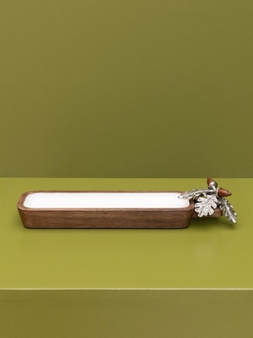 Platou decorativ dreptunghiular din lemn de mango maro, suprafață albă, frunze de stejar din aluminiu argintiu și ghinde din lemn, finisaj natural, 2 x 38 x 10 cm, „Silva” - Img 5