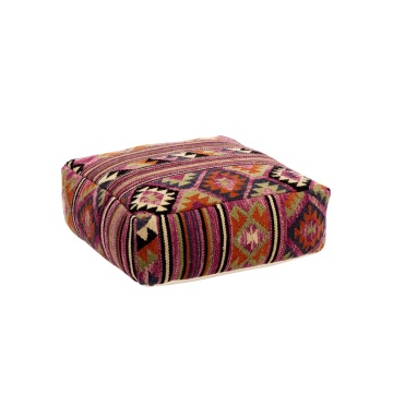 Pouf din iută țesut manual cu model kilim vibrant, 60×60×H20 cm, „Indra"