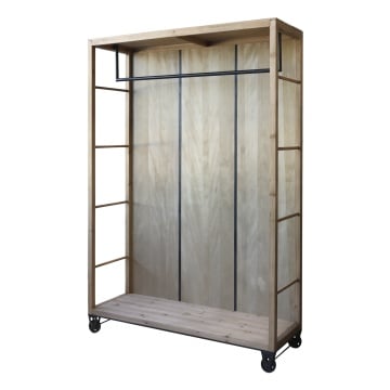 Raft pe roți din lemn masiv cu suport pentru haine din fier 200x150cm Drawers
