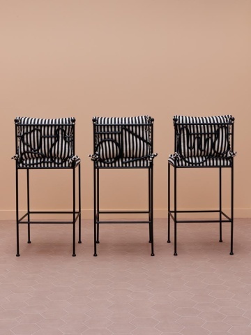 Scaun de bar cu spătar din metal și bumbac, negru, cu design geometric și perne în dungi, 110 x 47 x 47 cm, „Springs” - Img 6