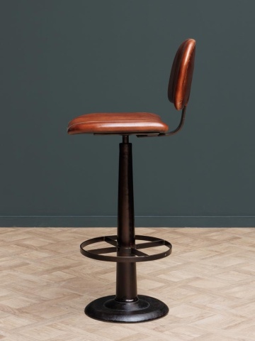 Scaun de bar cu spătar în stil industrial, din piele naturală și metal, maro, cu picior central și inel pentru picioare, 102 x 42 x 48 cm, „Cleveland” - Img 3