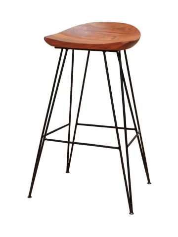 Scaun de bar din lemn de acacia și metal, maro, în stil industrial, cu șezut curbat și picioare tip ac de păr, 80 x 46 x 40 cm, „Mauru”