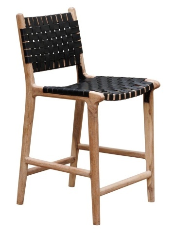Scaun de bar împletit pentru insulă din piele naturală și lemn de acacia, negru, cu spătar și suport pentru picioare, 97 x 50 x 53 cm, „Mixing” - Img 2