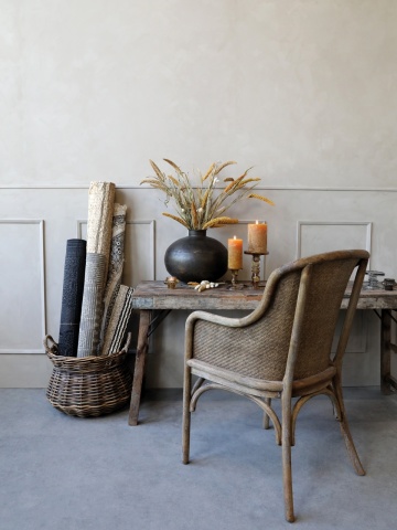 Scaun dining bej din rattan si rachita, cu aspect vintage Old French - Img 3