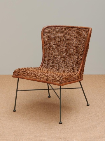 Scaun dining împletit din ratan, maro, cu spătar înaripat și picioare verzi din metal, 80 x 60 x 62 cm, „Melati” - Img 3
