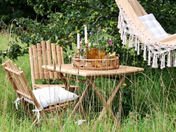 Scaun dining pliabil din bambus, natur, cu spătar din lamele legate în cruce și picioare încrucișate în X, 92 x 50 x 42 cm, „Lombok” - Img 3