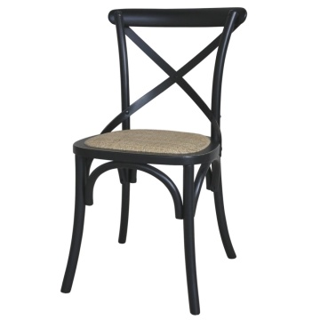 Scaun dining vintage din lemn de hevea, ratan și răchită, negru, cu spătar în X și șezut împletit în spic, finisaj patinat, 89 x 55 x 51 cm, „Margaux”