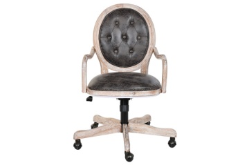 Scaun vintage de birou din piele ecologică maro închis cu roți și înălțime reglabilă, lemn cu finisaj alb antichizat, „Régent" - Img 5