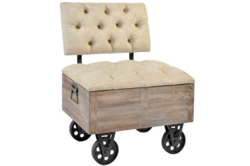 Scaun vintage de hol pentru încălțat, lemn cu finisaj antichizat și tapițerie stofă bej, 61×51×77 cm, „Wheel”