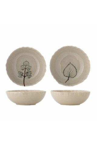 Set 2 boluri din ceramică artizanală natur cu finisaj antichizat și motive botanice cu frunze, 15,5×5 cm, "Aubrin"