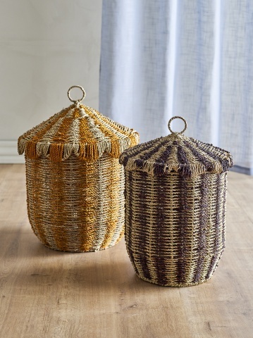 Set 2 coșuri depozitare din iarbă de mare împletită, natur, cu capac și dungi verticale, 37x50 cm și 32x43 cm, „Cikkeline" - Img 5