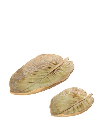Set 2 farfurii decorative din ceramică artizanală natur și verde, formă de frunză, 2 × 27 × 17 cm, „Nuance"
