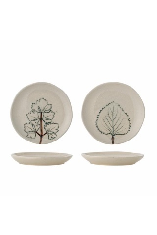 Set 2 farfurii din ceramică artizanală natur cu finisaj antichizat și motive botanice cu frunze, 10,5×1,5 cm, "Aubrin"