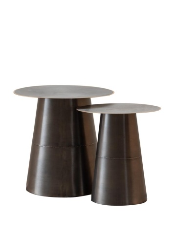 Set 2 măsuțe laterale rotunde din metal, gri, cu bază conică și margine aurie, aspect vintage, 47 x 49 cm, „Jiggy”