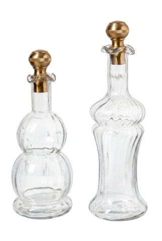 Set 2 sticle decorative din sticlă canelată cu capac sferic din alamă antichizată, 33 × 10 cm, „Flacon"