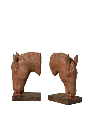Set 2 suporturi pentru cărți din rășină, maro ruginiu, model cap de cal pe bază dreptunghiulară, finisaj patinat, 20,5 x 25,5 x 8,5 cm, „Cheval”
