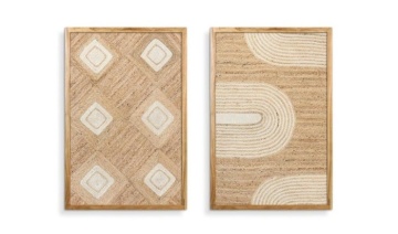 Set 2 tablouri decorative din iută cu relief în ramă din lemn de acacia, 60×90 cm, „Hemp" - Img 2