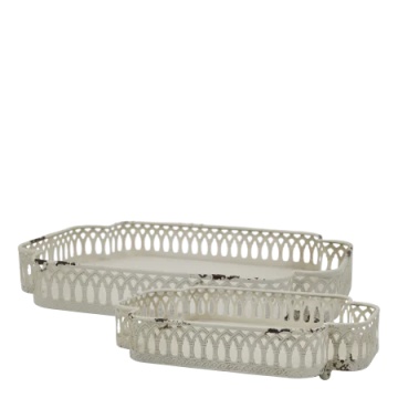 Set 2 tăvi decorative shabby chic cu margine dantelată, finisaj crem antichizat, H6,5/L35/l25,5 cm, „Colette”