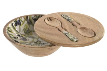 Set 3 boluri salată Mediterranean verde cu accente naturale din lemn de mango cu structură din rășină – "Olivia" - Img 2