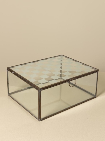 Set 3 cutii decorative din sticlă transparentă și metal auriu, capac cu balama și model în carouri mate, mâner inel, finisaj antichizat, 11 x 25 x 20 cm, „Damier” - Img 7
