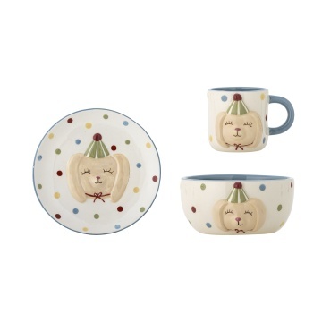 Set 3 piese din ceramică artizanală, multicolor, pictate manual cu un cățeluș vesel, pentru copii, „Party"