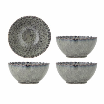 Set 4 boluri din ceramică, gri, margine ondulată și model marin în relief, glazură reactivă, 7,5 x 15,5 cm, „Katrina”