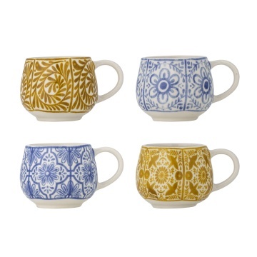 Set 4 cești espresso din ceramică artizanală, multicolor cu motive mediteraneene, 7×5,5 cm, „Milton"