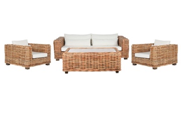 Set lounge exterior din rattan natural împletit, 4 piese cu canapea, 2 fotolii, măsuță și perne incluse, "Bahia"