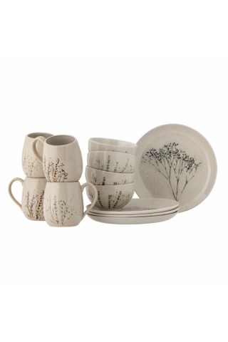 Set mic dejun din ceramică, natur, cu ilustrații botanice pictate manual, 12 piese, „Bea"