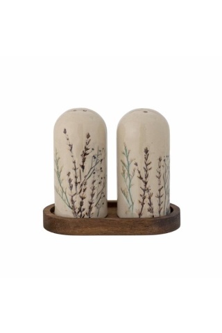 Set solniță și pipernița din ceramică, natur, cu ilustrații botanice pictate manual, cu suport din lemn de acacia, 12.5x5.5x11 cm, „Bea"