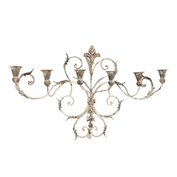 Sfesnic de perete, 6 lumanari, bej, din metal, aspect vintage, 82x15x48 cm