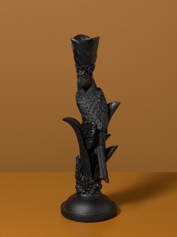Sfeșnic din rășină cu papagal și frunze sculptate, negru antichizat, finisaj patinat, 32,5×10,5 cm, „Perroquet" - Img 6