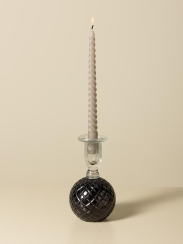 Sfeșnic din sticlă neagră cu bază sferică cu reliefuri romboidale și suport cilindric transparent, finisaj lucios, 16×9 cm, „Verelune" - Img 7