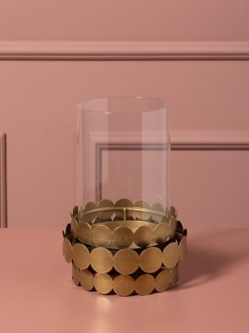 Sfeșnic din sticlă și alamă antichizată cu bază decorativă din discuri suprapuse, auriu, finisaj mat, 19×13,5 cm, „Luvia" - Img 7